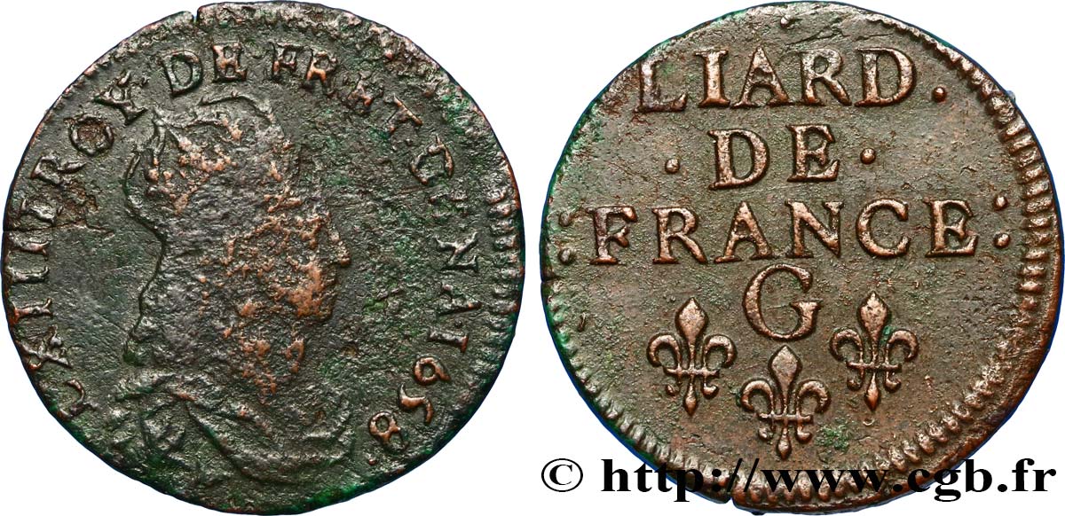 LOUIS XIV LE GRAND OU LE ROI SOLEIL Liard de cuivre, 2e type 1658 Châtellerault TB/TTB