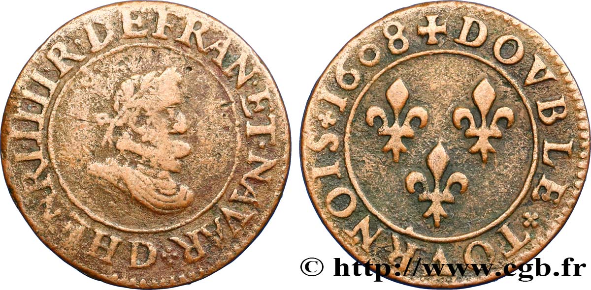 HENRY IV Double tournois, 1er type 1608 Lyon BC+