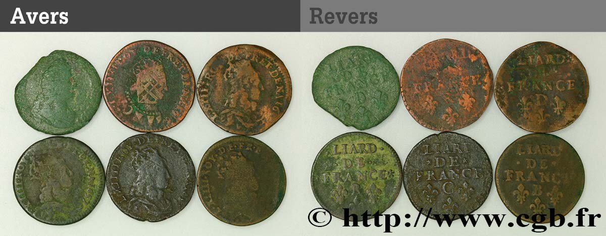 LOUIS XIV LE GRAND OU LE ROI SOLEIL Lot de six liards n.d. Ateliers divers B+