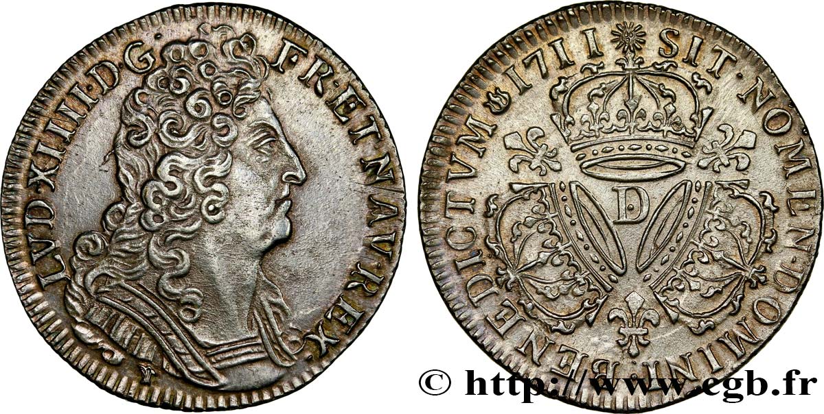 LOUIS XIV  THE SUN KING  Quart d écu aux trois couronnes 1711 Lyon AU
