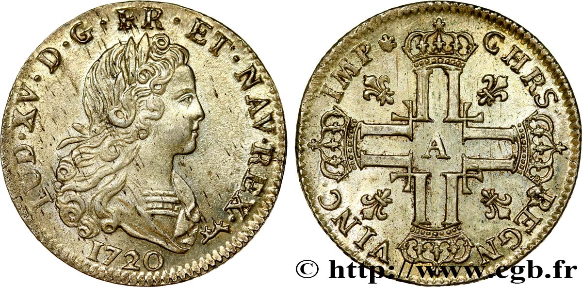 LOUIS XV  THE WELL-BELOVED  Louis d’argent à la croix aux huit L couronnées 1720 Paris AU/MS