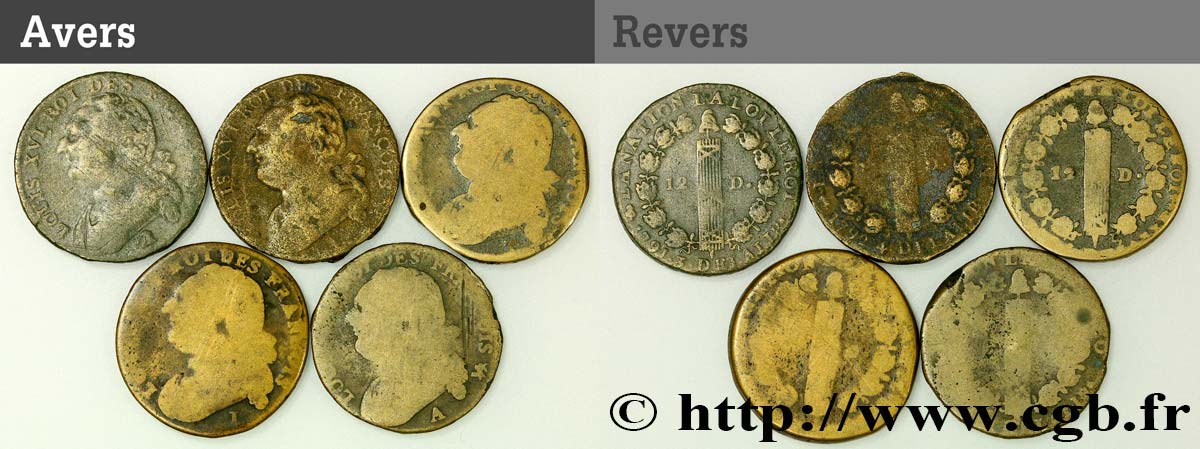 LOTS Lot de cinq pièces de 12 deniers dit  au faisceau , type FRANCOIS et FRANCAIS n.d. s.l. B