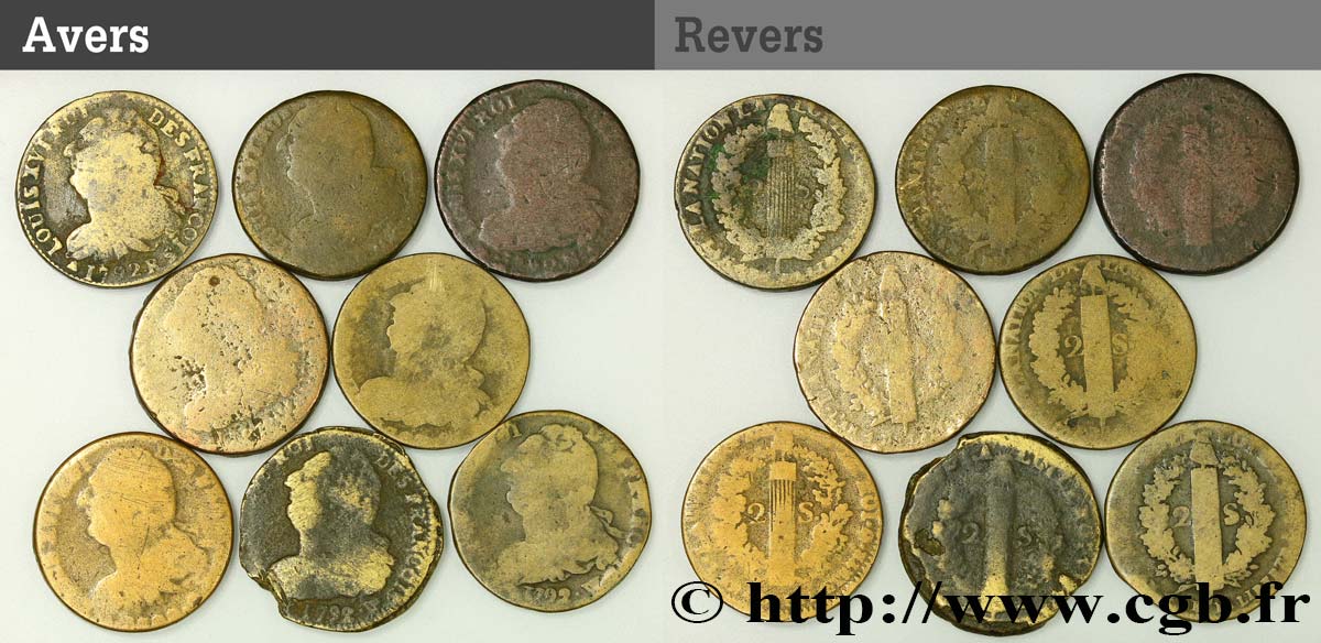 LOUIS XVI (MONARQUE CONSTITUTIONNEL)  Lot de huit pièces de 2 sols dit  au faisceau , type FRANÇOIS n.d. s.l. B
