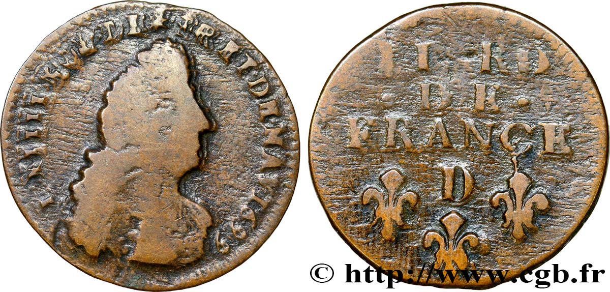 LOUIS XIV LE GRAND OU LE ROI SOLEIL Liard, 3e type, buste âgé 1699 Lyon B+