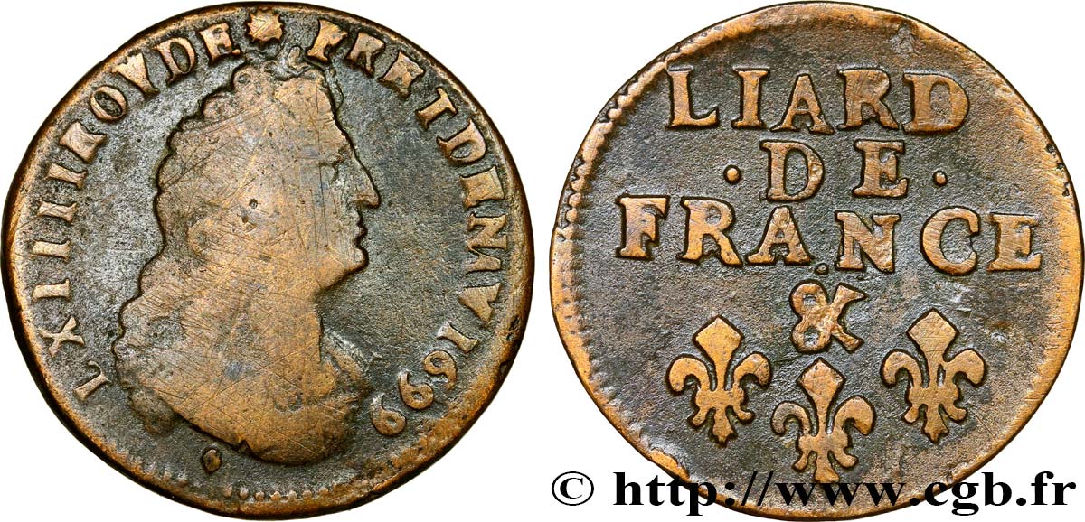 LOUIS XIV LE GRAND OU LE ROI SOLEIL Liard, 3e type, buste âgé 1699 Aix-en-Provence TB/TB+