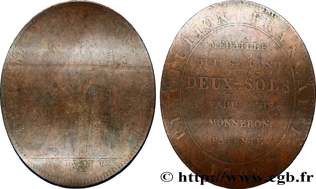 REVOLUTION COINAGE / CONFIANCE (MONNAIES DE…) Monneron de 2 sols à la Liberté 1792 Birmingham, Soho VG