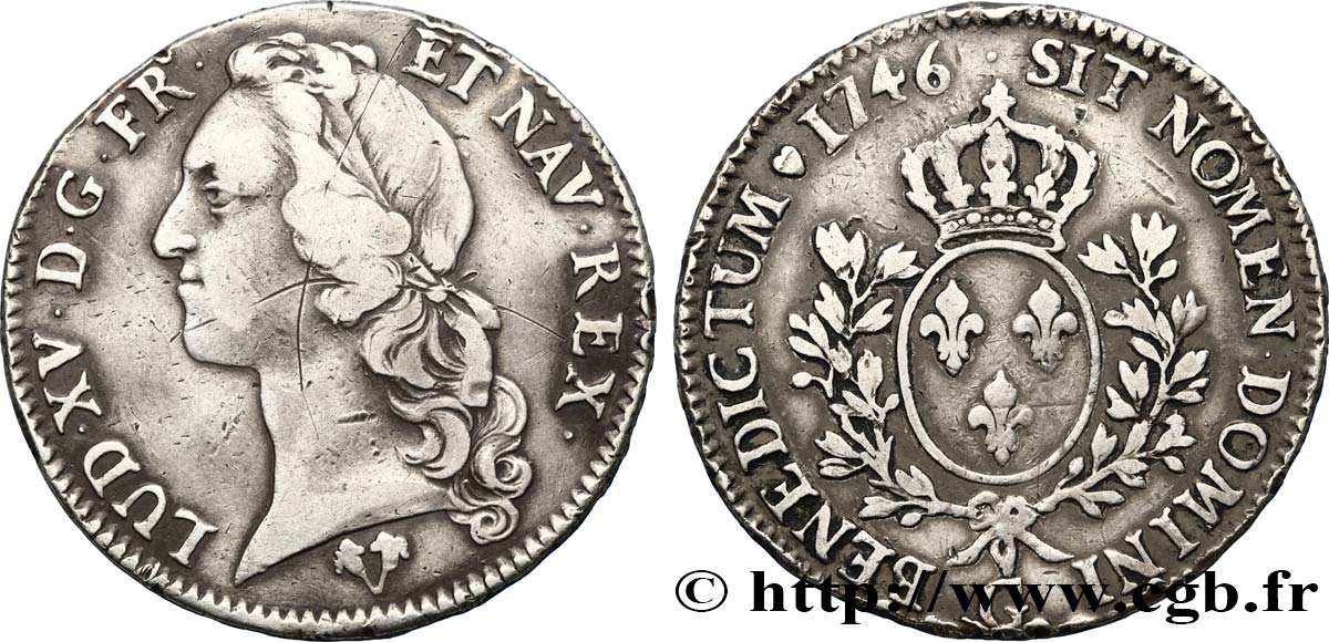 LOUIS XV  THE WELL-BELOVED  Écu aux branches d’olivier, tête ceinte d’un bandeau 1746 Poitiers VF