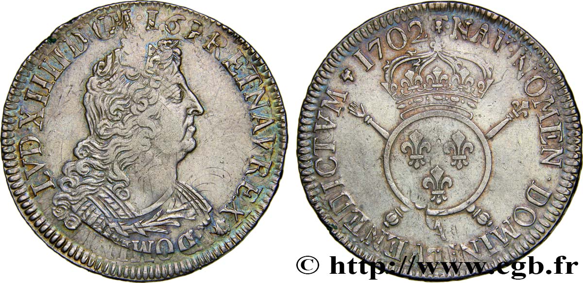 LOUIS XIV  THE SUN KING  Écu aux insignes 1702 Paris XF/AU