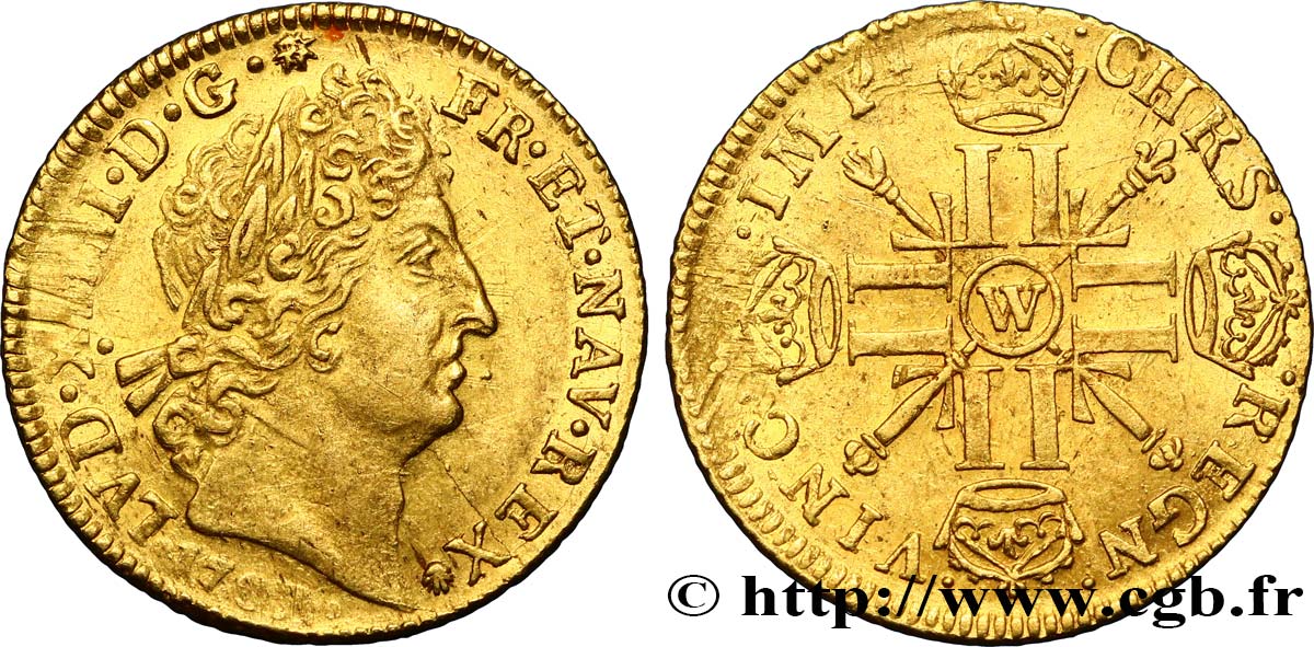 LOUIS XIV  THE SUN KING  Louis d’or aux huit L et aux insignes 1702 Lille AU/XF