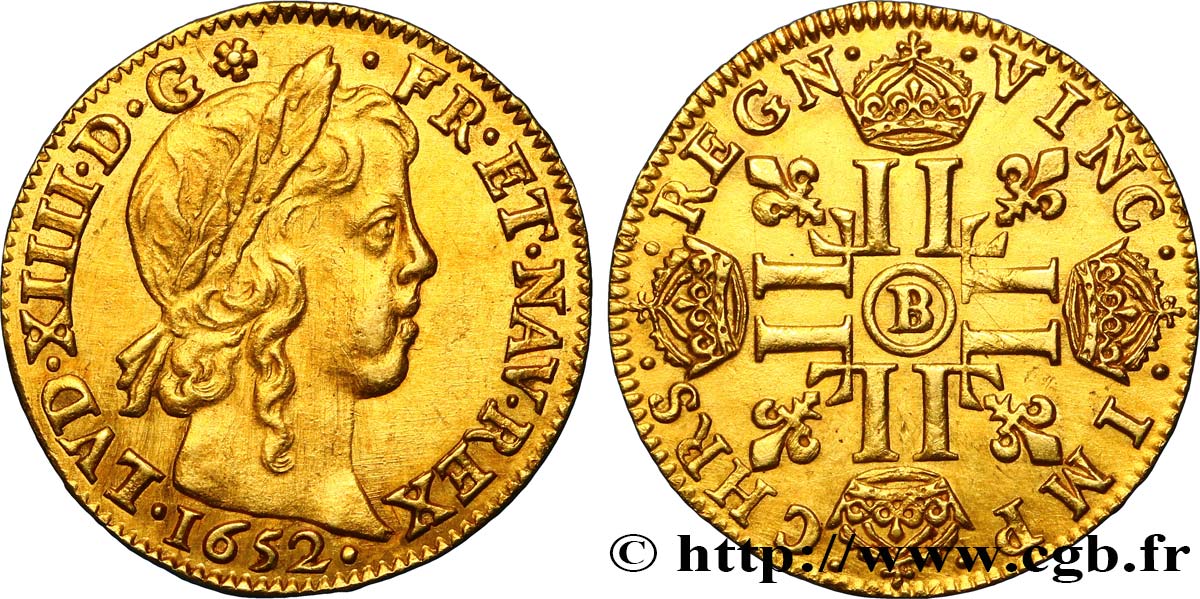 LOUIS XIV LE GRAND OU LE ROI SOLEIL Louis d’or aux huit L, portrait à la mèche longue 1652 Rouen SUP