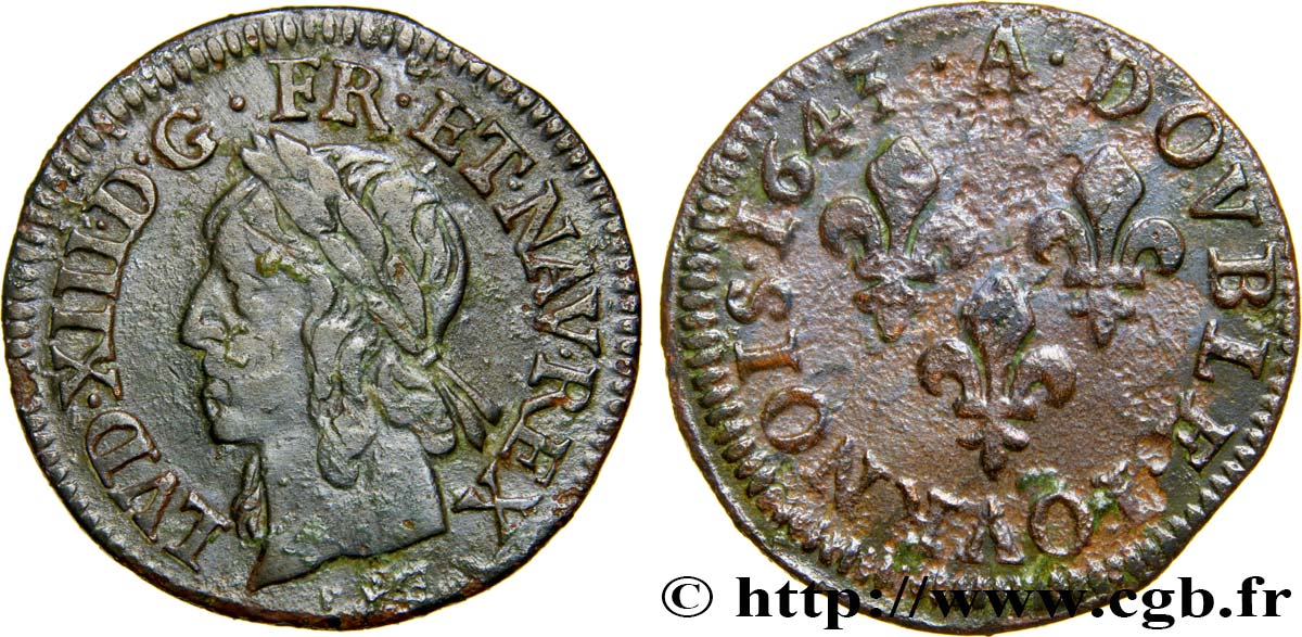 LOUIS XIII LE JUSTE Double tournois, type de Warin 1643 Corbeil TB+