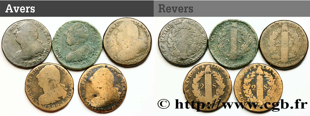 LOUIS XVI Lot de cinq pièces de 2 sols dit  au faisceau , type FRANÇOIS n.d. s.l. F
