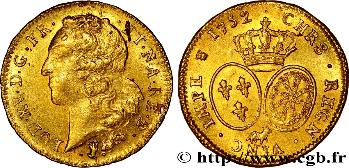 LOUIS XV THE BELOVED Double louis d’or aux écus ovales, tête ceinte d’un bandeau 1752 Pau AU/AU