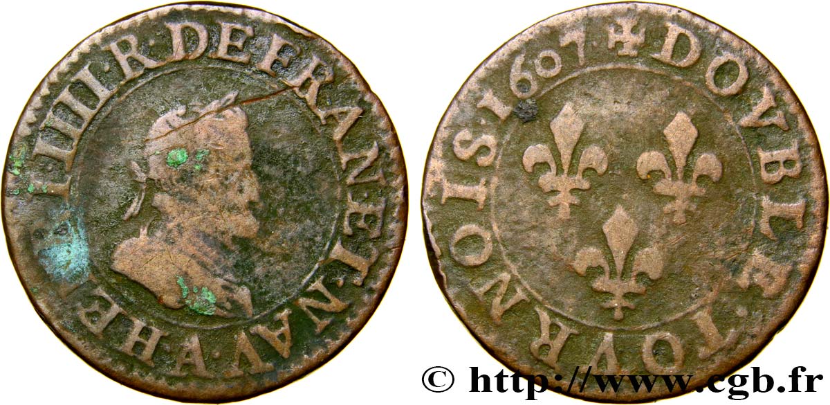 HENRI IV LE GRAND Double tournois, 2e type de Paris (légende française) 1607 Paris, Moulin des Étuves TB