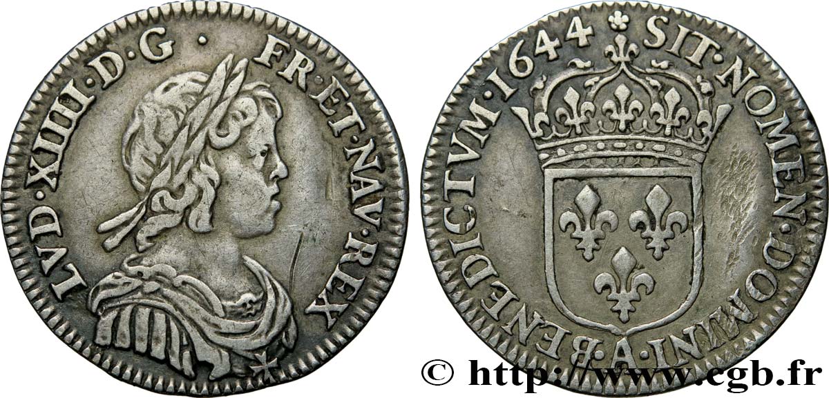 LOUIS XIV LE GRAND OU LE ROI SOLEIL Douzième d écu, portrait à la mèche courte 1644 Paris, Monnaie de Matignon TTB
