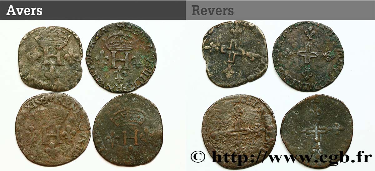 HENRI III Double sol parisis, 2e type, lot de 4 ex. n.d.  B+