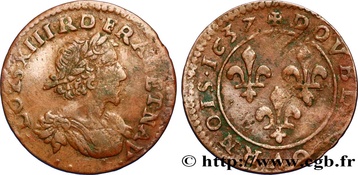LOUIS XIII LE JUSTE Double tournois 1637 Vallée du Rhône TB