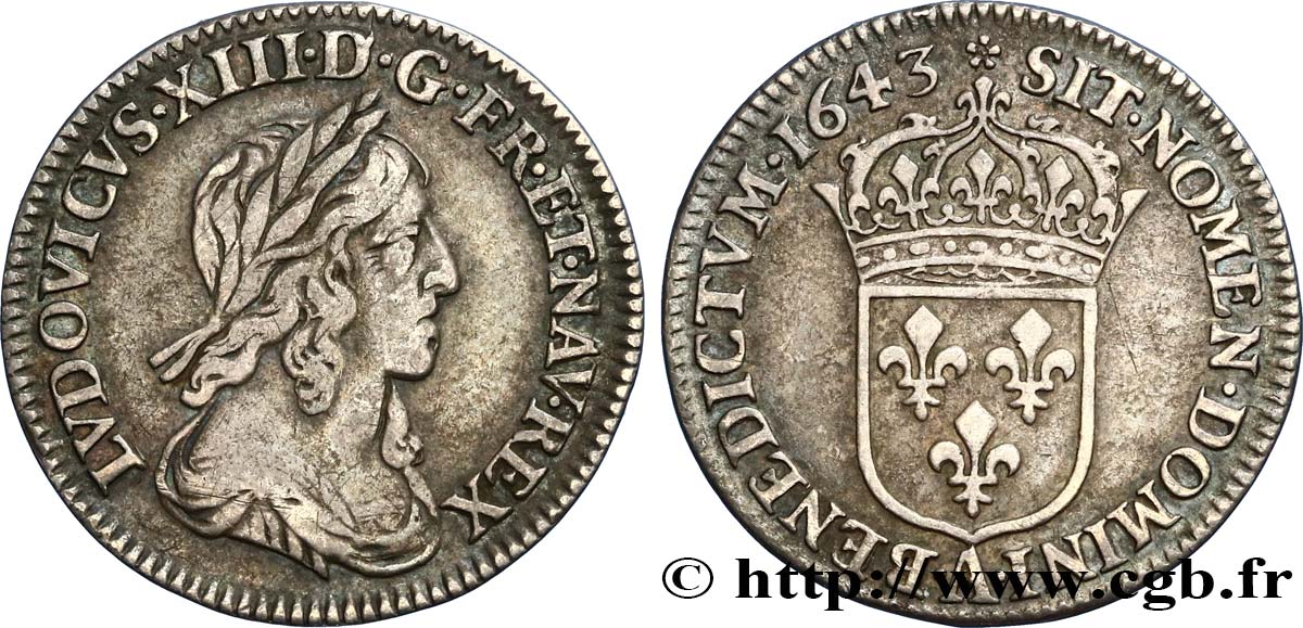 LOUIS XIII LE JUSTE Douzième d écu, buste drapé et cuirassé (2e buste de Jean Warin) 1643 Paris, Monnaie de Matignon TTB/TTB+
