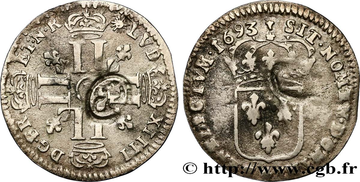 LOUIS XIV LE GRAND OU LE ROI SOLEIL Quinzain aux huit L 1693 Tours TB+