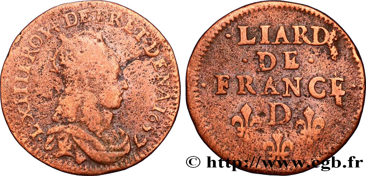 LOUIS XIV  THE SUN KING  Liard de cuivre, 2e type 1657 Vimy-en-Lyonnais (actuellement Neuville-sur-Saône) q.MB