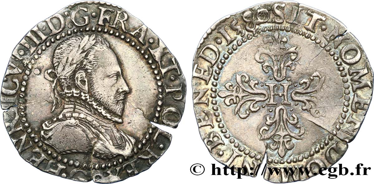 HENRY III Quart de franc au col plat (gaufré) 1580 Poitiers MBC+