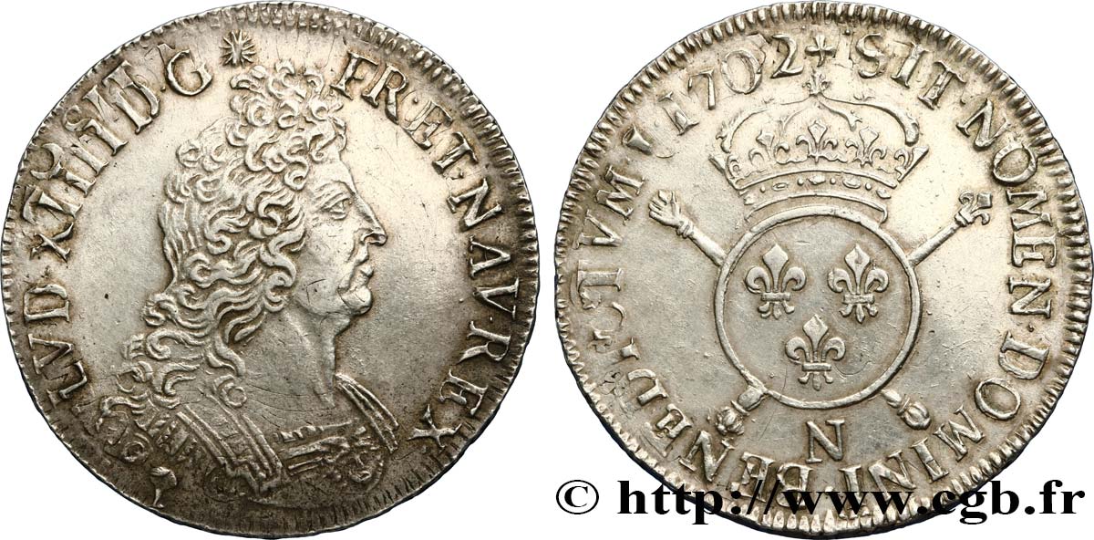 LOUIS XIV  THE SUN KING  Écu aux insignes 1702 Montpellier q.SPL