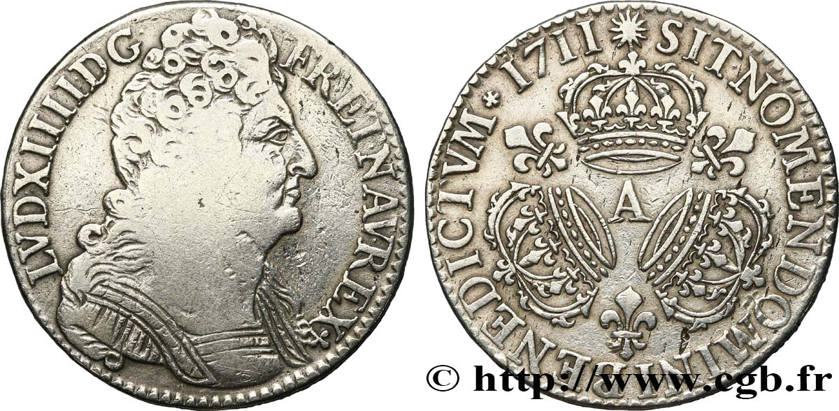 LOUIS XIV  THE SUN KING  Demi-écu aux trois couronnes 1711 Paris VF