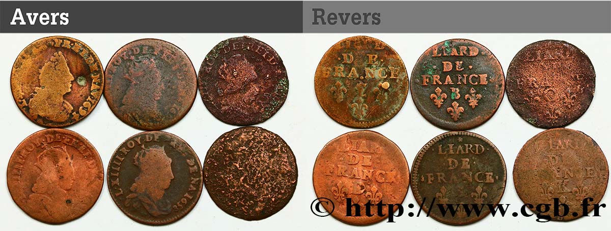 LOUIS XIV  THE SUN KING  Lot de six liards n.d. Ateliers divers F