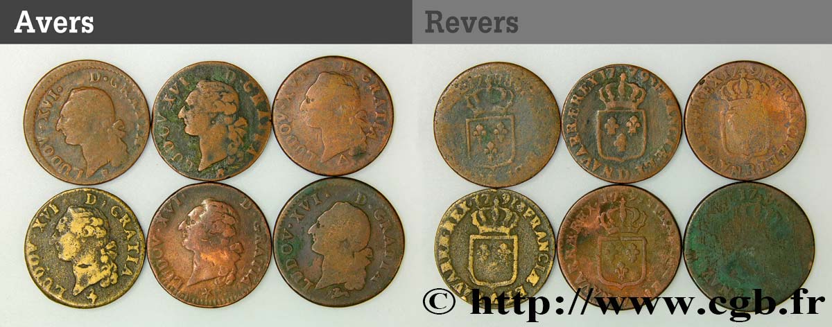 LOUIS XVI Sols dits  à l écu , lot de 6 ex. n.d. Ateliers divers B