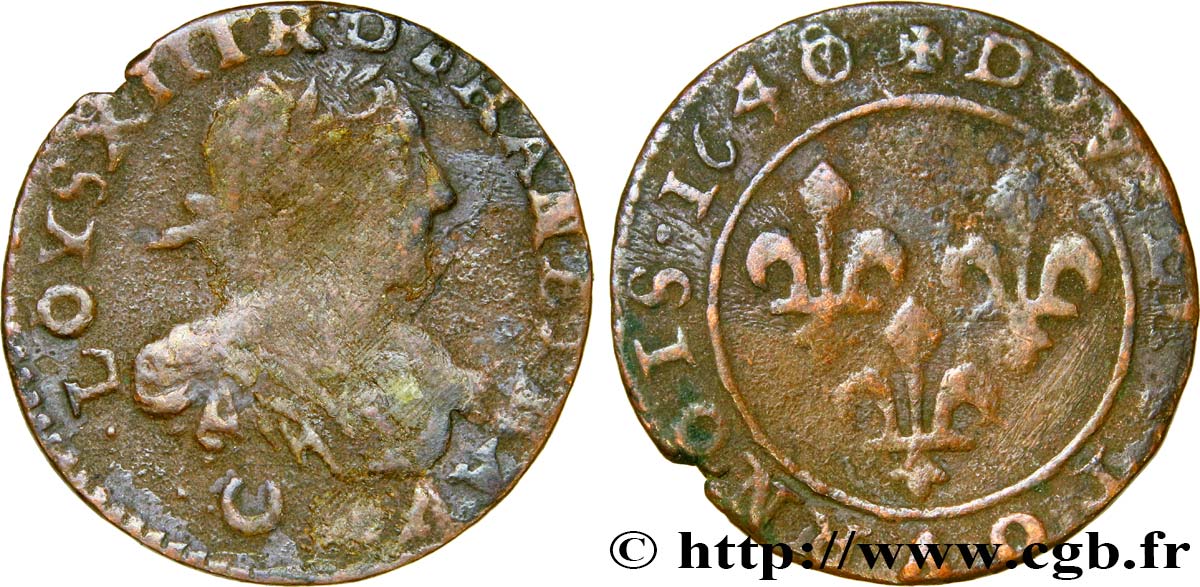 LOUIS XIII LE JUSTE Double tournois 1640 Vallée du Rhône B+/TB