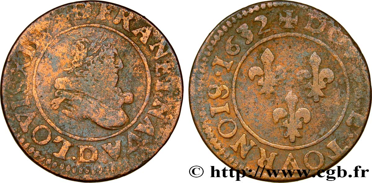 LOUIS XIII LE JUSTE Double tournois, type 8 1632 Lyon TB