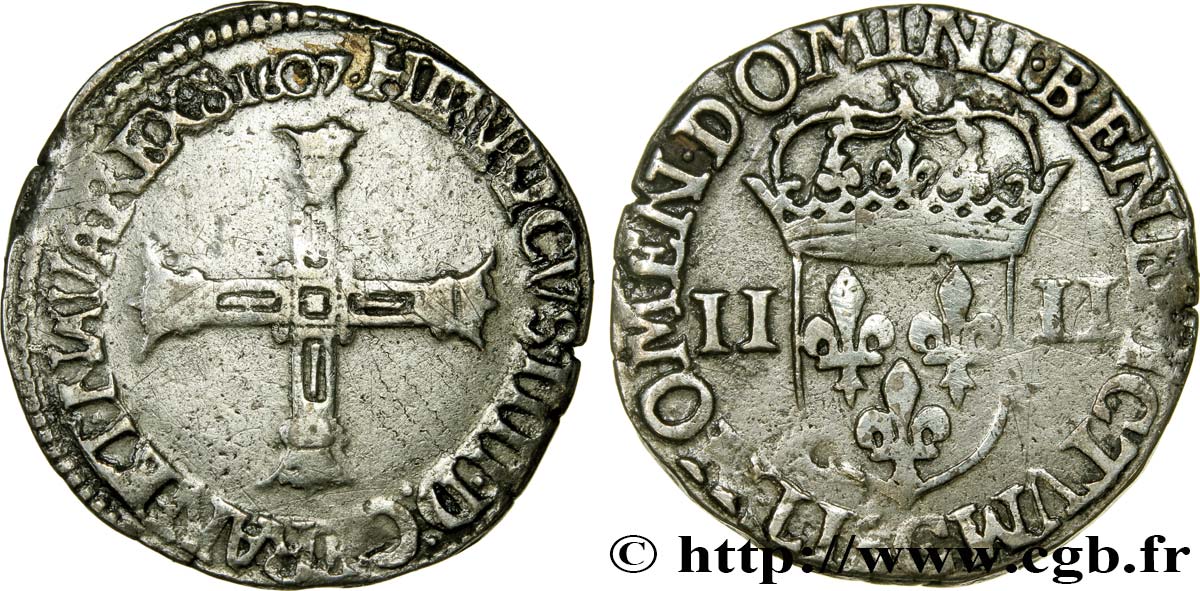 HENRI IV LE GRAND Quart d écu, croix bâtonnée et couronnée de face 1607 Saint-Lô TTB