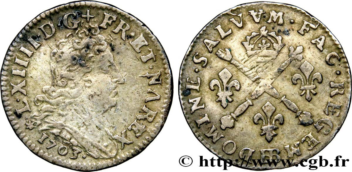 LOUIS XIV  THE SUN KING  Cinq sols aux insignes 1703 Strasbourg XF