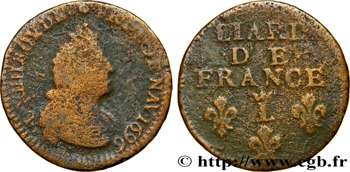 LOUIS XIV LE GRAND OU LE ROI SOLEIL Liard, 3e type, buste âgé 1696 Lille B