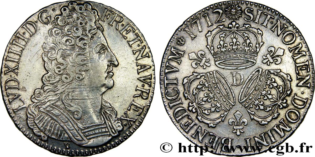 LOUIS XIV LE GRAND OU LE ROI SOLEIL Écu aux trois couronnes 1712 Lyon TTB+/SUP