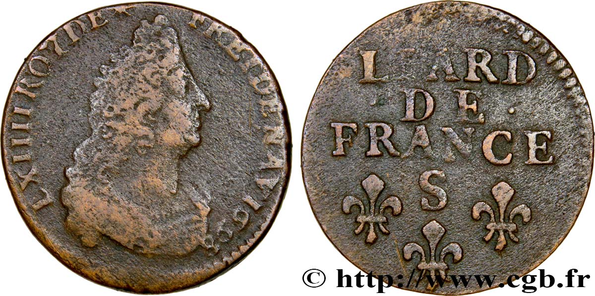 LOUIS XIV LE GRAND OU LE ROI SOLEIL Liard, 3e type, buste âgé 1698 Reims TB+