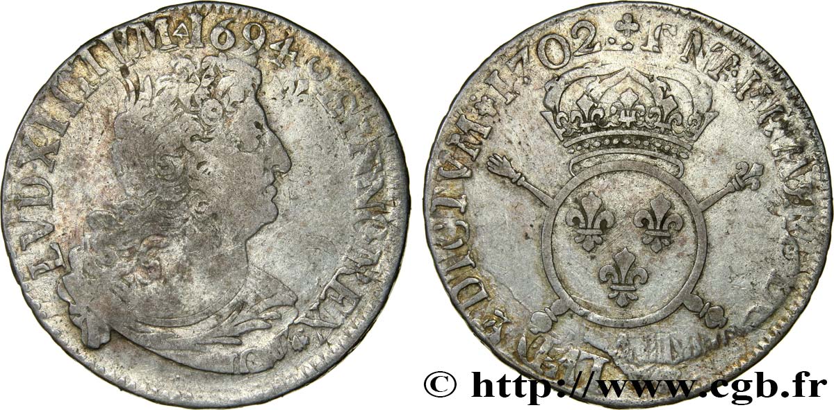 LOUIS XIV  THE SUN KING  Demi-écu aux insignes 1702 Paris BC/BC+