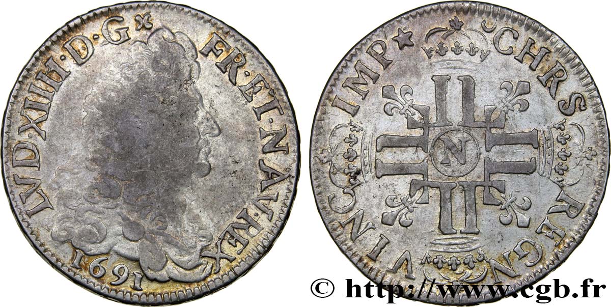 LOUIS XIV  THE SUN KING  Écu aux huit L, 1er type 1691 Montpellier fSS/SS