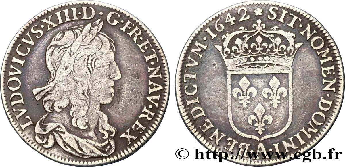 LOUIS XIII  Demi-écu, buste drapé (1er buste de Jean Warin) 1642 Paris, Monnaie de Matignon MB