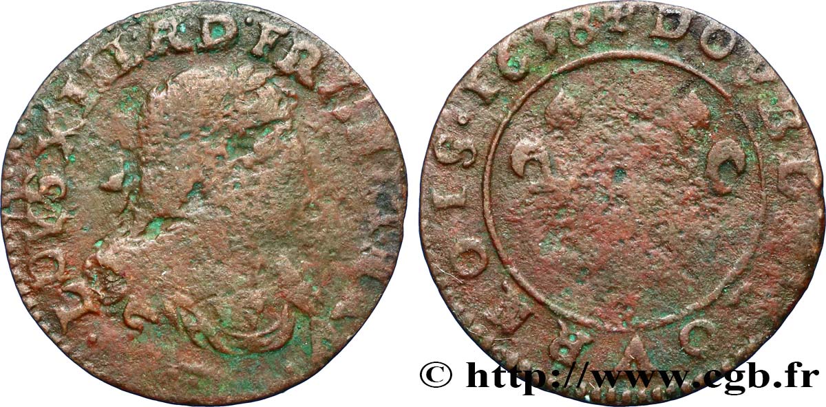LOUIS XIII LE JUSTE Double tournois au grand buste viril drapé 1638 Vallée du Rhône B+