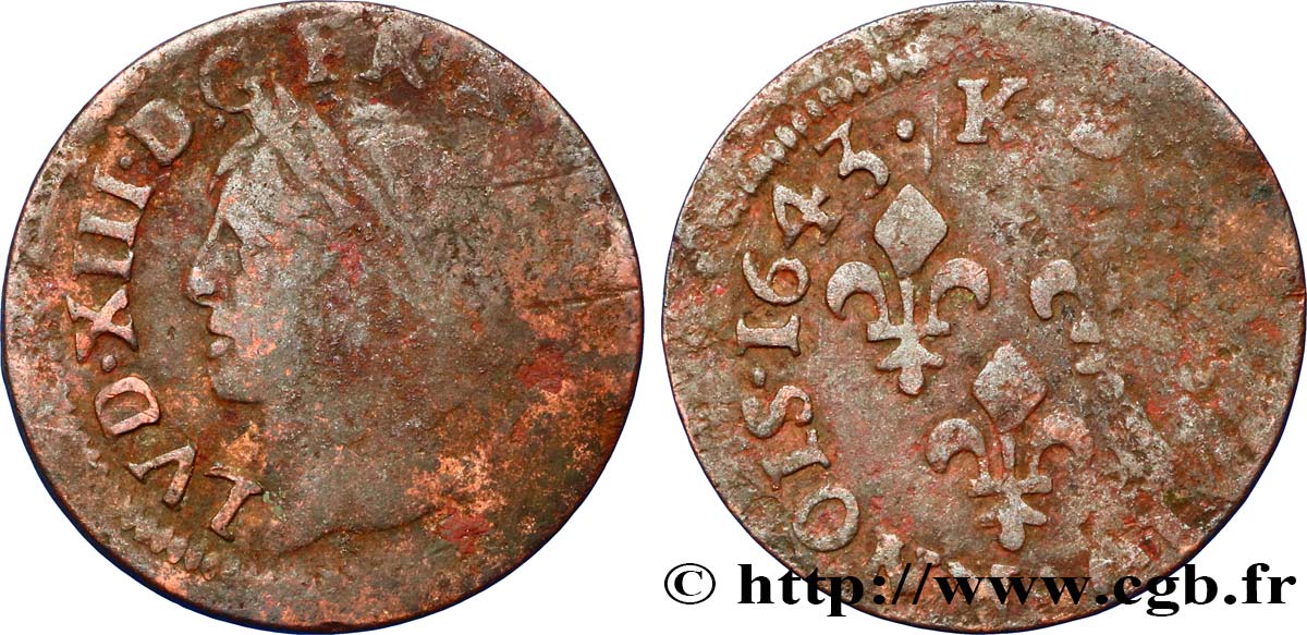 LOUIS XIII LE JUSTE Double tournois, type de Warin 1643 Bordeaux B+