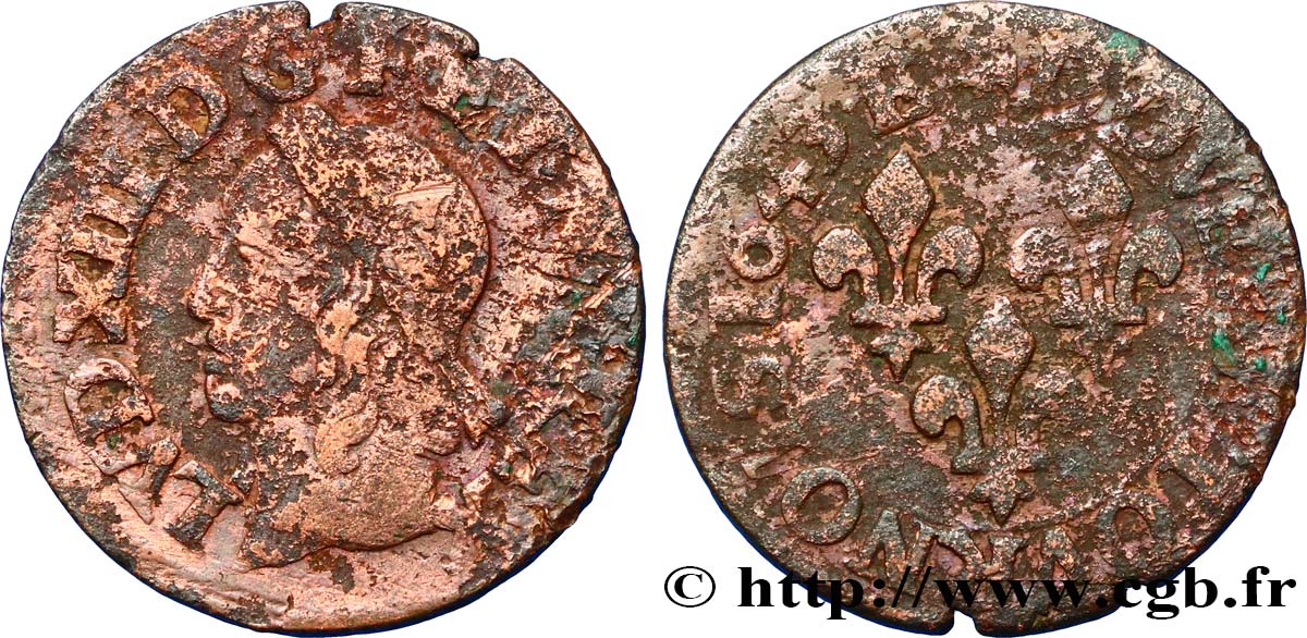 LOUIS XIII LE JUSTE Double tournois, type de Warin 1643 Tours B+