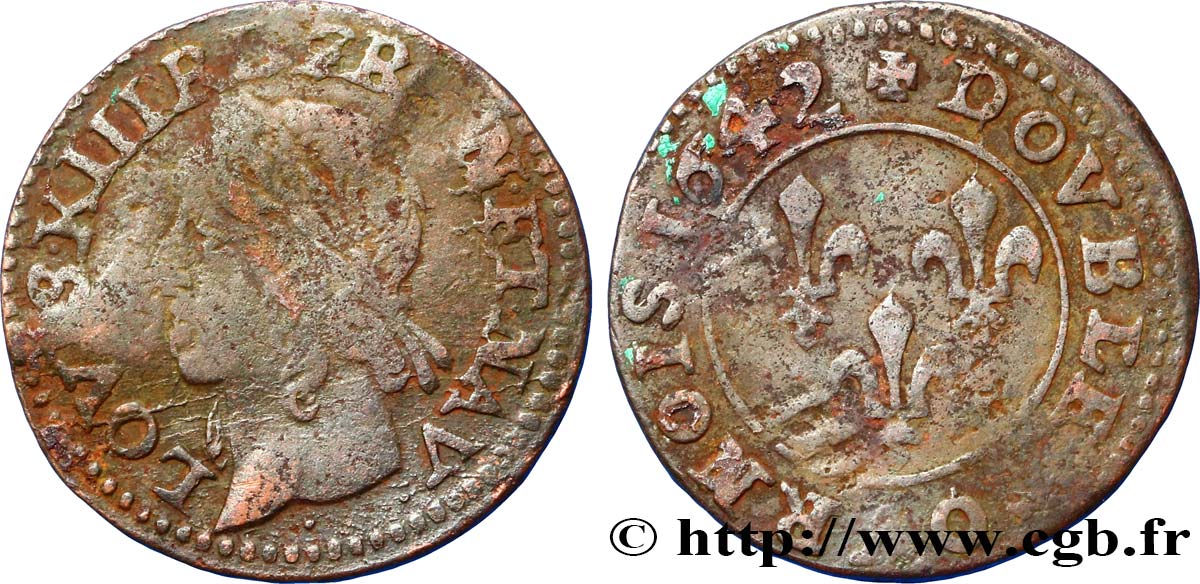 LOUIS XIII LE JUSTE Double tournois, type de Warin 1642 s.l. TB