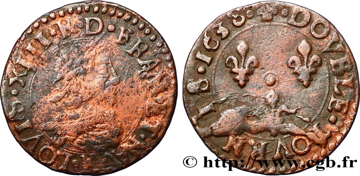 LOUIS XIII LE JUSTE Double tournois, type 8 1638 Bordeaux TB/TB+