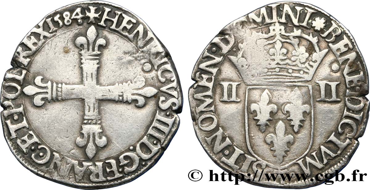 HENRY III Quart d&nbsp;écu, croix de face 1584 Nantes q.BB