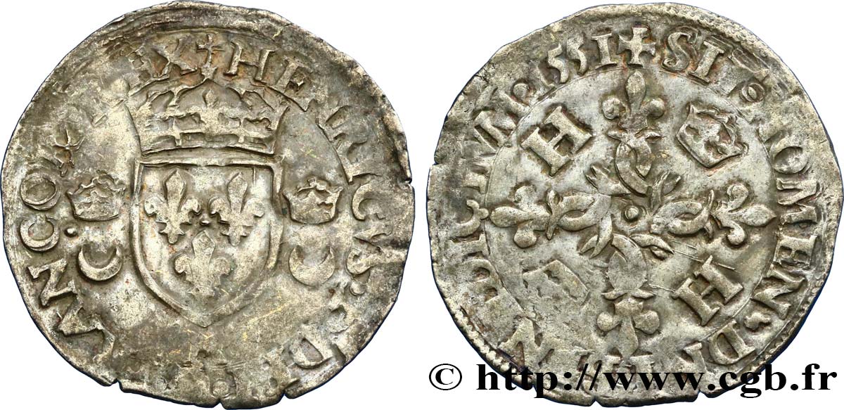 HENRI II Douzain aux croissants 1551 Paris TB+/TTB