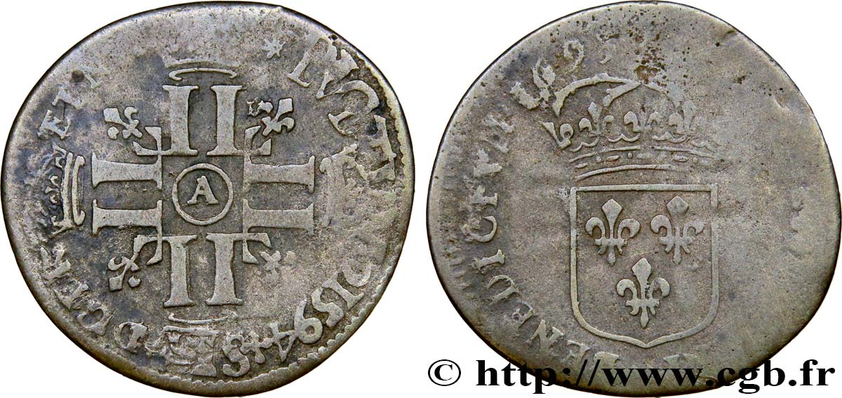 LOUIS XIV LE GRAND OU LE ROI SOLEIL Quinzain aux huit L 1693 Paris TB/B+