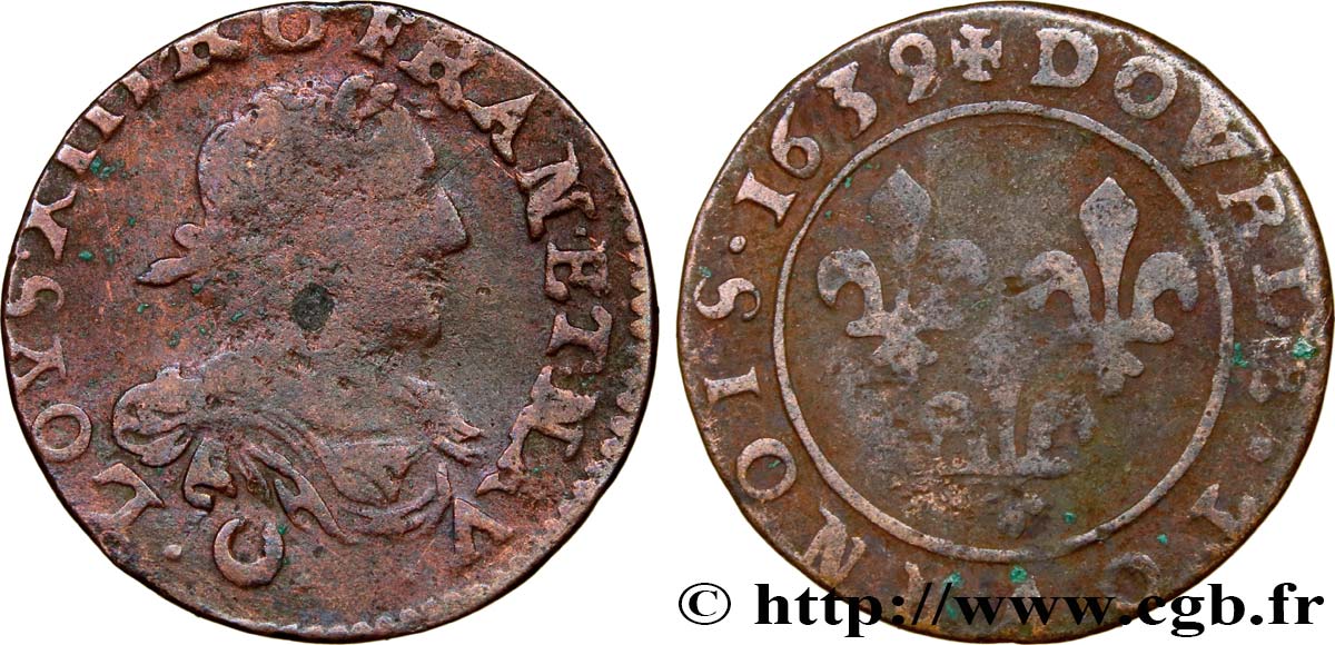 LOUIS XIII LE JUSTE Double tournois au grand buste viril drapé 1639 Vallée du Rhône TB