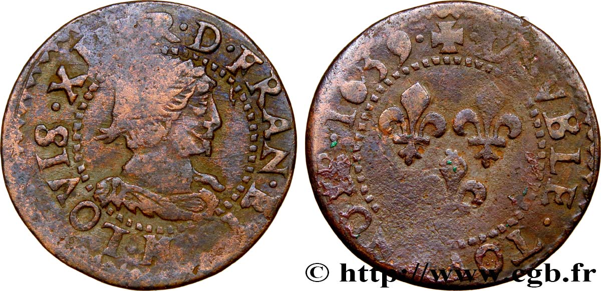 LOUIS XIII LE JUSTE Double tournois, type 14 1639 La Rochelle TB+/TB