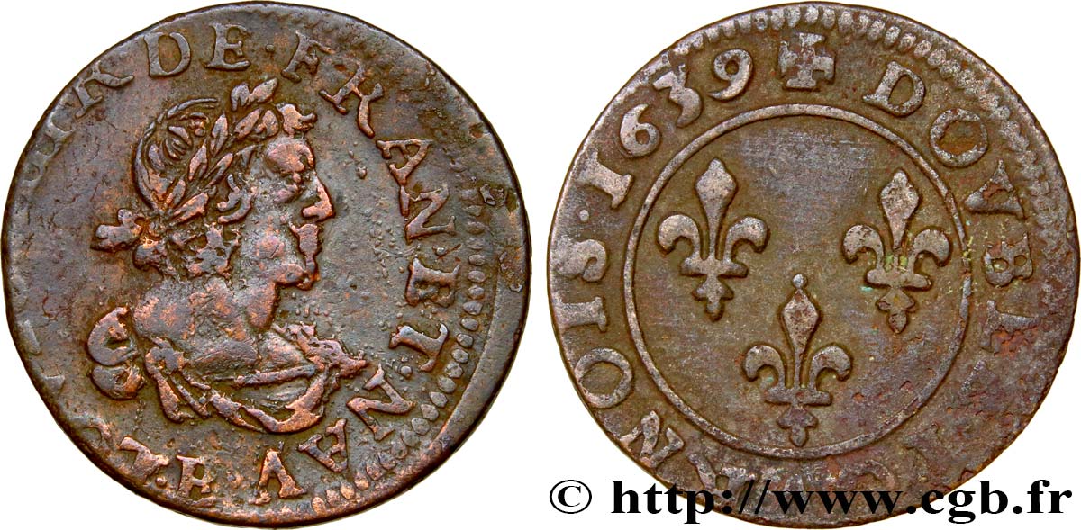 LOUIS XIII LE JUSTE Double tournois, 19e type 1639 Tours TB+
